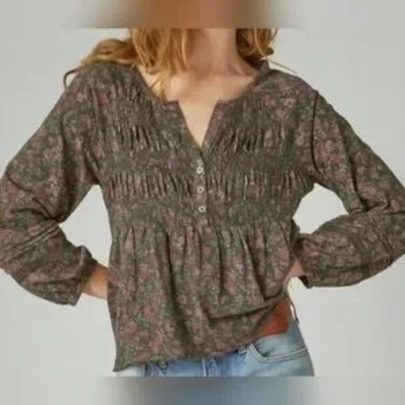 LUCKY BRAND Babydoll Top Sz L Black Pink Floral Textured Smock VNeck 100% Cotton - Picture 7 of 14